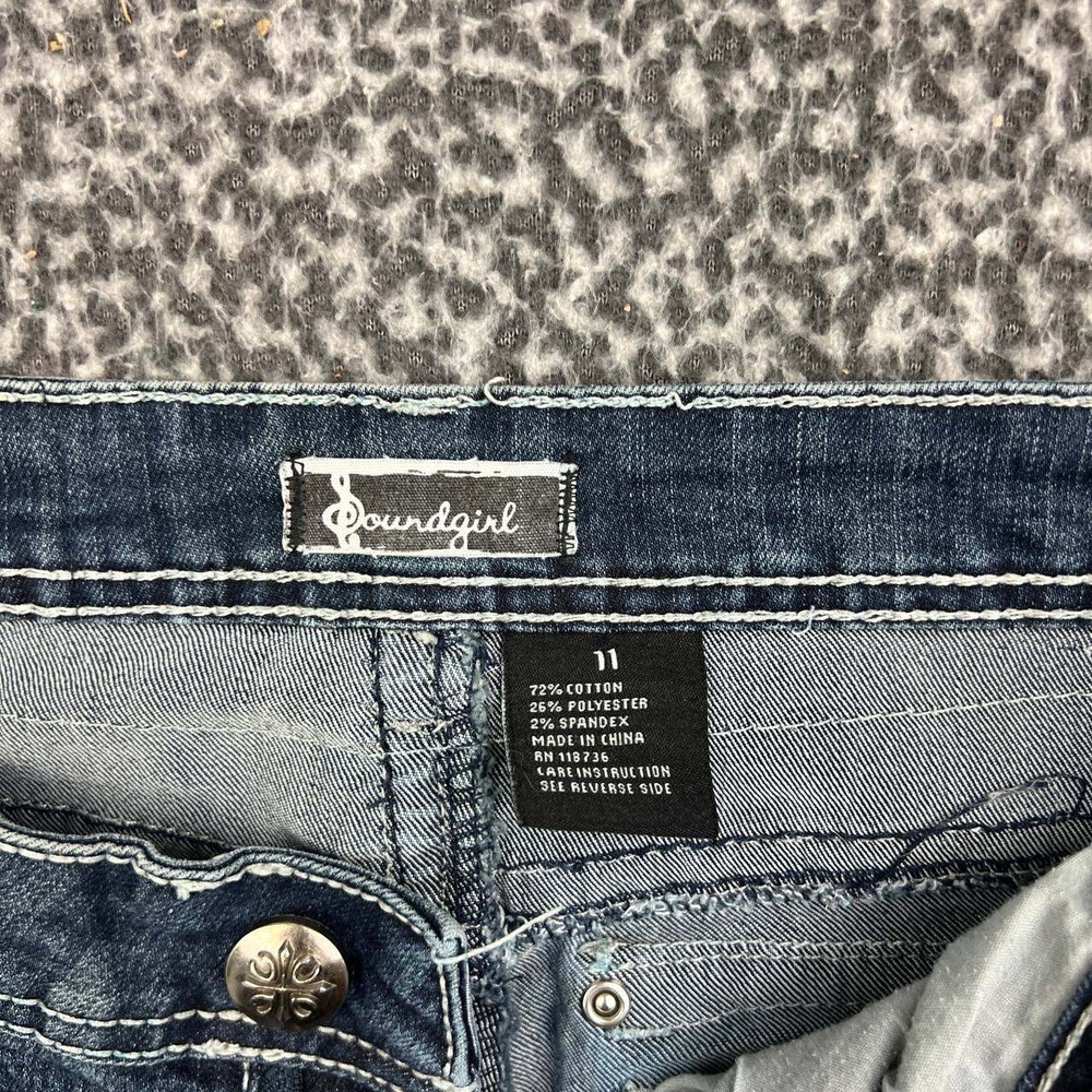 Soundgirl Flare Jeans Women 11 Blue Denim Lace Embroidered Flap Pocket 32x33 - Picture 3 of 9